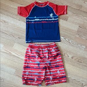 Boys swim trunks and rashguard set sz 8 shark palm tree red, white, + blue 🦈 🌴